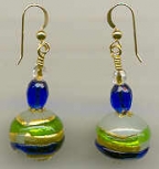 Green & Cobalt Blue Stripe Venetian Bead Earrings